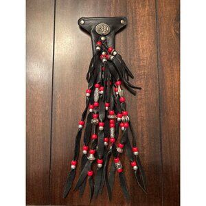 HAWG.TYD Vintage Kawqitto Black Leather Biker Hair Barrette  Red Beads & Metal A
